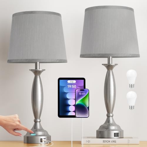 Bedroom Lamps for Nightstand, 3 Way Dimmable Silver Bedside Lamps with USB | 25.5" Touch, USB C+A Ports, Bulb Included, Gray Shade, Silver, Chrome, Bed Side lamps for Night Stands, Living Room - color: A. Grey Shade and Nickel Base, size: 25.5in Touch Con