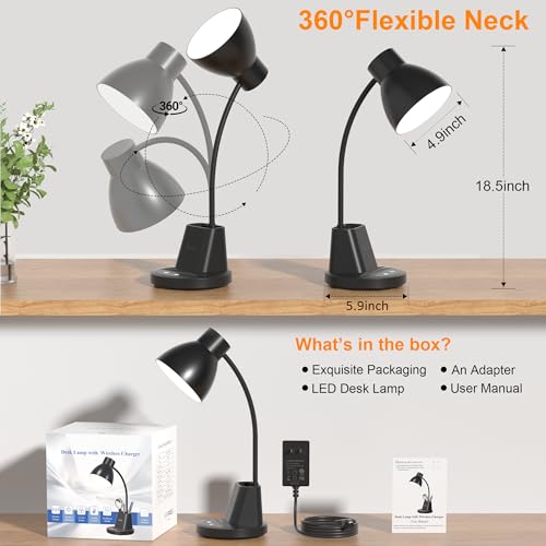 10W Wireless Charging LED Desk Lamp with Pen Holder, CRI 95, Black | 800LM, 3 Modes, 360°Flexible Arm, Touch, Brightness, Table Lamp for Home Office, Dorm, Bedside, Study, Reading, with Adapter - color: Black
