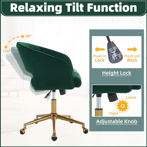 Desk Chair with Wheels, Gold Base, Velvet Accent Vanity Armchair, Green | Spacious‌ Soft Seat, Swivel Height Adjustable, Rocking Function, Modern Stripe for Girls &Women Bedroom Makeup or Nail - color: Dark Green Velvet
