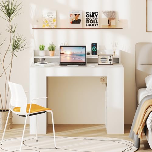 GIANTEX White Desk with Storage Shelves, 43" Home Office Computer Desk with Charging Station, Dual 3 Tier Bookshelf & Monitor Stand, PC Table Workstation, Modern Study Writing Desk for Bedroom, Dorm