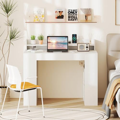 GIANTEX White Desk with Storage Shelves, 43" Home Office Computer Desk with Charging Station, Dual 3 Tier Bookshelf & Monitor Stand, PC Table Workstation, Modern Study Writing Desk for Bedroom, Dorm