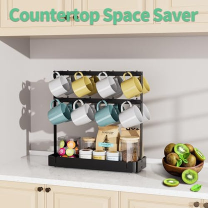 Coffee Mug Holder, 2 Tier Metal Mug Rack with 16 Movable Hooks | Extra Cup Holder for Countertop, Organize Coffee Mugs, Cups, Coffee Pods and Accessories for Kitchen, Coffee Bar, Office