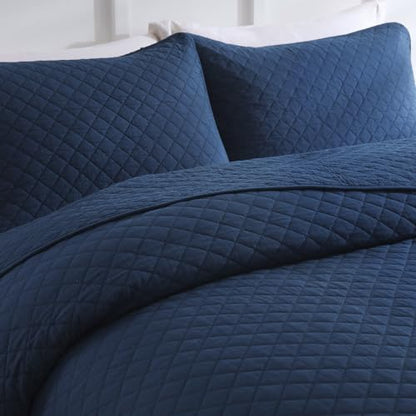 Wistown Cotton King Bedspread Quilt Bedding Set, Navy Blue | 3 Pieces Reversible Lightweight Soft Coverlets Comforters, All Seasons, Diamond Stitching Pattern - color: Navy Blue Diamond Pattern, size: King (98 by108inch)