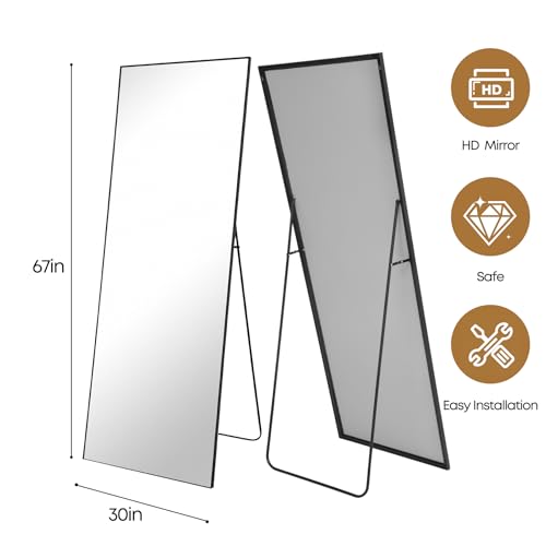 67"x30" Full Length Mirror with Stand, Black Metal Frame Floor Mirror, Hanging, Standing or Leaning Against Wall, Tempered Full Body Mirrors for Room Decor, Living Room, Bedroom - color: Rectangular-black, size: 67"L x 30"W