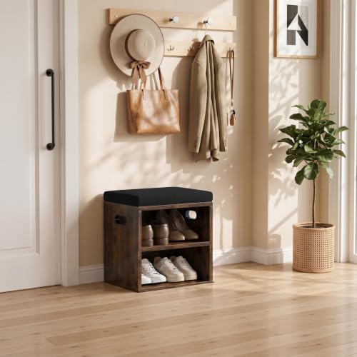 2 Tier Small Shoe Storage Bench Rustic Brown US-FHXD01H | hold up to 4 pairs of shoes, with Adjustable Middle Shelf, Padded Seat Cushion,cut-out handle - color: Rustic Brown