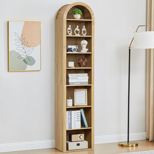 Turtle&Myrtle Tall Narrow Arched Bookshelf, Natural, 70 x 15.75 inch | Skinny Arch Book Shelf, Slim Open Display Shelves for Small Space, Tall Thin Bookshelf with Adjustable Shelves - color: Natural, size: 11.8"D x 15.75"W x 71"H
