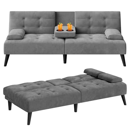 64" Futon Sofa Bed, Convertible Loveseat with 2 Cup Holders, Small Couch with 3 Adjustable Angles， Removable Armrests, Sleeper Sofa for Small Space, Dark Grey - color: Dark Grey