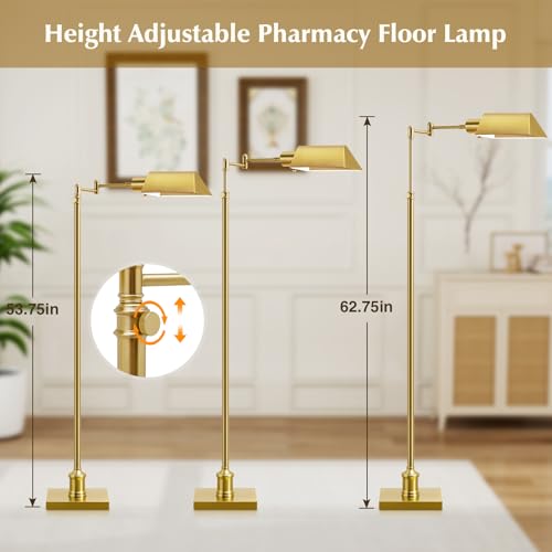 Traditional Height Adjustable Pharmacy Floor Lamp with 350° Swing Arm, Color Temperature Adjustable Standing Lamp Metal Shade for Living Room Reading House Bedroom Home Office(Gold) - color: Gold