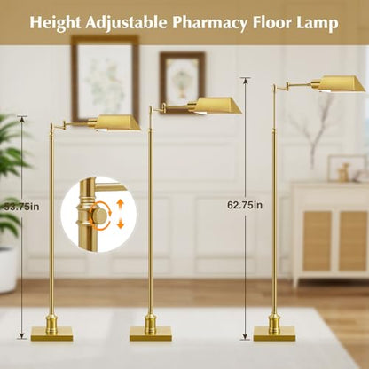 Traditional Height Adjustable Pharmacy Floor Lamp with 350° Swing Arm, Color Temperature Adjustable Standing Lamp Metal Shade for Living Room Reading House Bedroom Home Office(Gold) - color: Gold