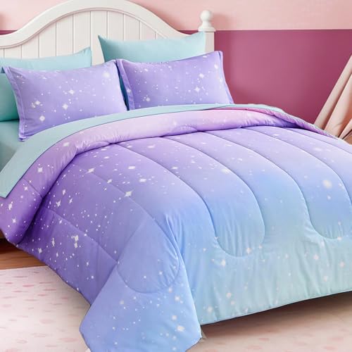 Dinjoy Girls Comforter Set 7 Pieces, Queen Size Colorful Ombre Rainbow Bedding Set, Bed in A Bag for Kid Teen Girls (1 Comforter, 1 Flat Sheet, 1 Fitted Sheet, 2 Pillow Shams, 2 Pillowcases) - color: Blue Pink, size: Queen