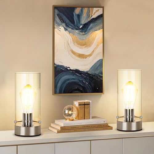 Bedside Table Lamp for Bedroom Living Room, Modern Nightstand Lamp | Desk Lamp with Glass Lamp Shape, 2700K 6W Glass Bulb Included(Nickel). - color: Nickel-Clear