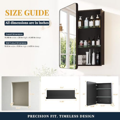 16x20 Medicine Cabinet with Mirror, Black Aluminum, Pre-Assembled | Bathroom mirror with storage, 3 adjustable acrylic shelves, Tempered Glass Mirror - size: 16" x 20"