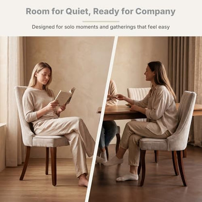 Upholstered Dining Chairs Set of 2, High Back Side Chairs for Kitchen and Dining Room, Mid-Century Modern Fabric Seating with Solid Wood Legs, Beige - color: Beige, size: Set of 2