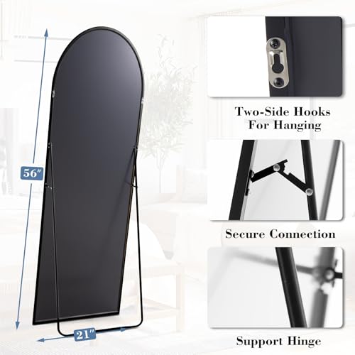 DUMOS 56"x15" Arched Full Length Mirror with Stand, Full Body Floor Mirror | Free Standing or Wall Mount, Nano Glass Aluminum Frame, Hanging or Leaning, Modern Simple Home Decor, Black - color: Black-arched, size: 56"L x 15"W