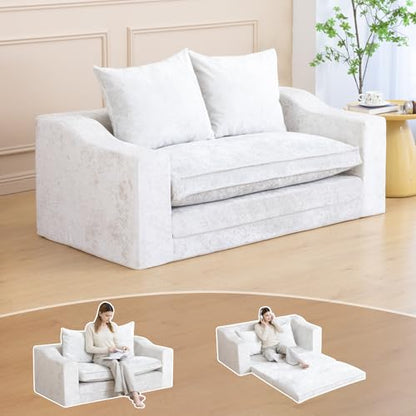 61" Boneless Loveseat Sleeper, Folding Sofa Bed, Diamond Velvet Cover,White | Memory Foam Pull Out Futon Bed with Removable Washable Cover, Space-Saving Fold Out Couch for Living Room & Guest Room - color: White