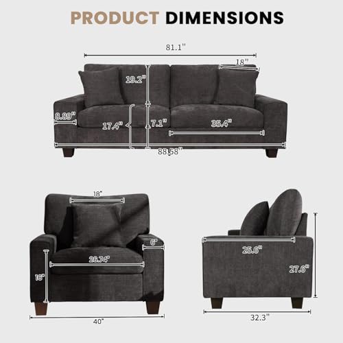 DOPEDIO 88.58" Sofa Set, Chenille Loveseat & 2 Accent Chairs, Dark Grey | Modern chenille sofa set with removable covers, spring cushions, solid wood frame, easy assembly for comfortable living rooms - size: 88.58 inch + 2 Single, style: Dark Grey Chenill