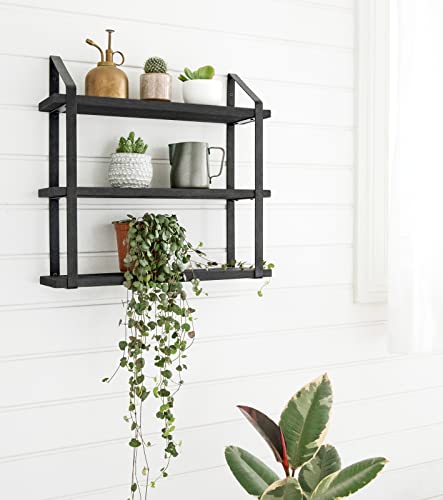 Mkono Floating Wall Shelves 3 Tier Rustic Hanging Shelf with Metal Bracket Wall Mount Wood Storage Display Shelves for Living Room Bathroom Bedroom Kitchen Office,Black | Bathroom Storage, Clutter-Free, Easy Install, Rustic Decor, Over Toilet Organizer, F