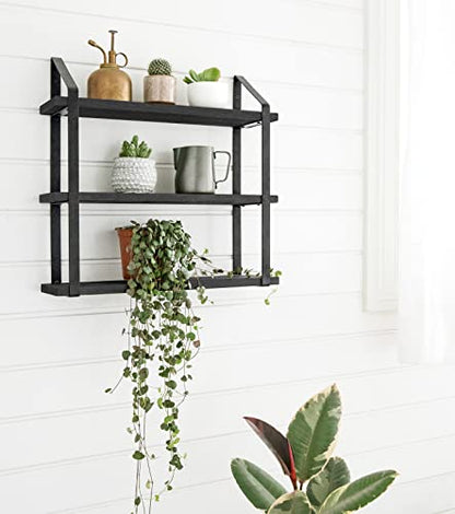 Mkono Floating Wall Shelves 3 Tier Rustic Hanging Shelf with Metal Bracket Wall Mount Wood Storage Display Shelves for Living Room Bathroom Bedroom Kitchen Office,Black | Bathroom Storage, Clutter-Free, Easy Install, Rustic Decor, Over Toilet Organizer, F