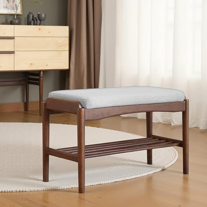 Black Walnut Shoe Bench Assembled, Solid Wood Shoe Rack Bench with Cushion for Entryway, Living Room, Bedroom, Hallway, 11.8" x 31.5" x 16.5" - color: Grey Cushion, size: 31.5"W