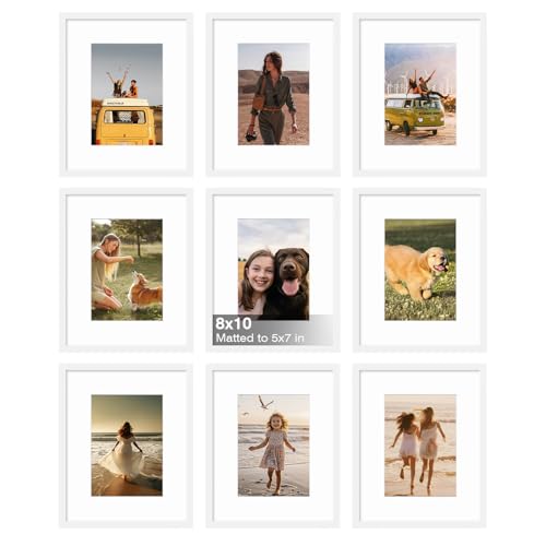 8x10 Picture Frame Set of 9, 10x8 Photo Frames with Plexiglass for 5x7 Pictures with Mat or 8x10 Without Mat, Art Collage for Wall Gallery and Tabletop Display, 8 x 10 Frame White - color: White, size: 8x10