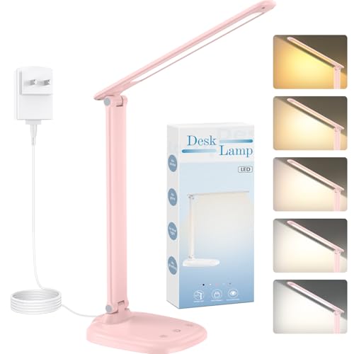 Desk Lamp with Charger, 10%-100% Stepless Dimmable & 5 Color Modes Study Lamp, Touch Control, 30-/60-minute Timer, USB Charging Output Port, CRI≥90, Eye-Caring Foldable LED Desk Lamps for Home Office - color: Pink-US