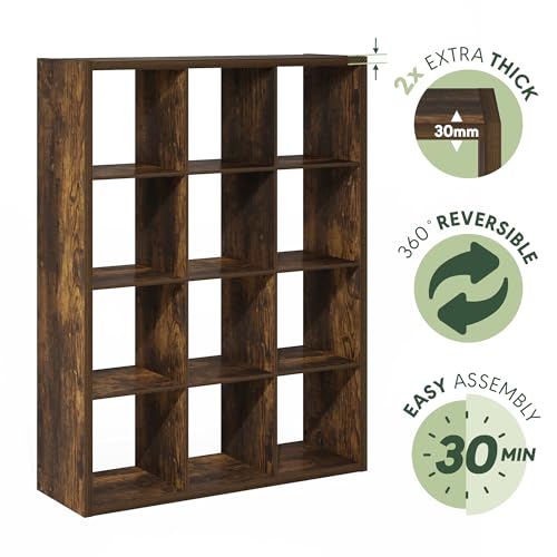 Furinno Cubicle Book Shelf, 12-Cube Bookshelf, Extra Thick Frame Reversible Bookcase with Open Back, 14.6" x 44" x 58", for Living Room, Bedroom, Home Office, Amber Pine - color: Amber Pine, size: 12-Cube
