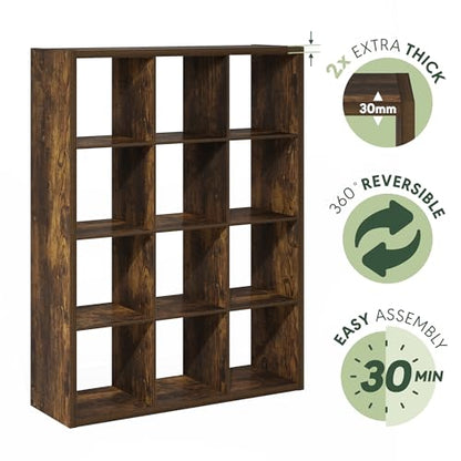 Furinno Cubicle Book Shelf, 12-Cube Bookshelf, Extra Thick Frame Reversible Bookcase with Open Back, 14.6" x 44" x 58", for Living Room, Bedroom, Home Office, Amber Pine - color: Amber Pine, size: 12-Cube