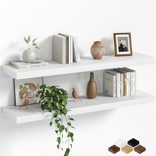Fun Memories Floating Shelves for Wall, 36 Inch Long Set of 2 Rustic Wood Wall Shelves with Invisible Brackets, Heavy Duty Storage Display for Living Room Bedroom Kitchen, White - color: White, size: 6.5"D x 36"L - 2Pack