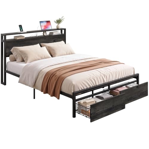 LIKIMIO Queen Bed Frame with Headboard, 2 Drawers and Charging Station - color: Charcoal Grey, size: Queen
