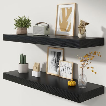 40 Inch Floating Shelves, 12'' Deep Black Shelves for Wall Set of 2 | Invisible Brackets, Engineered Wood, Mounting Hardware Included, 55LBS, Bathroom, Laundry Room, Kitchen, Living Room - color: Black, size: 40W x 11.6D x 2H, 2 Pack