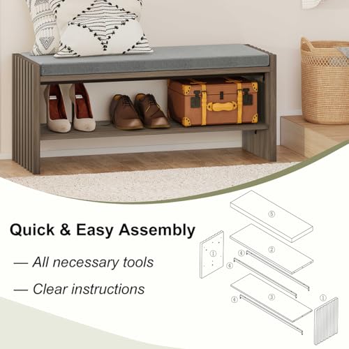 Shoe Storage Bench Bedroom, Entryway Bench with Cushion, Ottoman Benches for Living Room Hallway Entry (Greige Oak, 40 Inch Wide) - color: Greige Oak