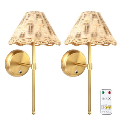 Battery Operated Boho Rattan Wall Sconce Set of 2, Stepless Dimming Magnetic Wall Lamp, 5200mAh Rechargeable Battery and Integrated LED, for Living Room Bedroom Hallway Corridor - size: Battery-Powered
