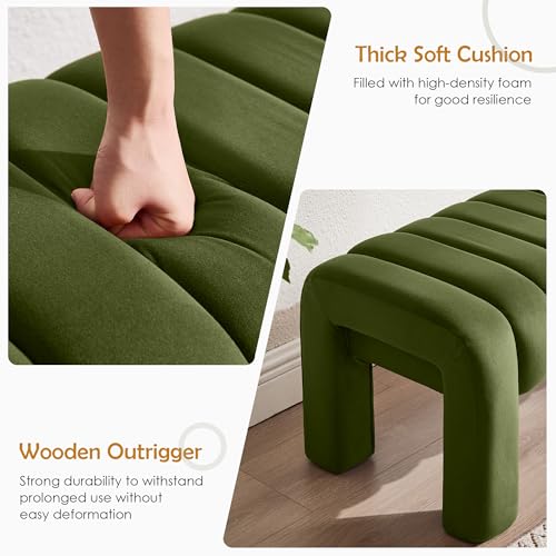 63” Dining Room Bench, Olive Green Tufted Upholstered End of Bed Bench, Modern Entryway Ottoman Window Seat with Solid Wood Legs and Padded Seat for Bedroom, Hallway and Living Room (Velvet) - color: Olive Green Velvet, size: 63"