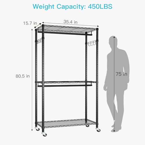 P1 Heavy Duty Garment Rack, Rolling Closet Organizer with Wheels | 3-Tier Freestanding Metal Clothes Clothing Wardrobe System with Double Hanger Rods and Hooks, Max Load 450lbs, Black - color: Black, size: P1