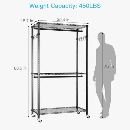 P1 Heavy Duty Garment Rack, Rolling Closet Organizer with Wheels | 3-Tier Freestanding Metal Clothes Clothing Wardrobe System with Double Hanger Rods and Hooks, Max Load 450lbs, Black - color: Black, size: P1
