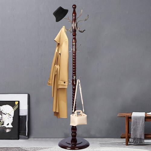Coat Racks FreeStanding with 14 Hooks, Natural Wood Coat Rack with Solid Round Base, Adjustable Height Coat Racks, Easy Assembly for Hallway, Bedroom and Office (Reddish Brown-Metal Hook) - color: Reddish Brown-Metal Hook