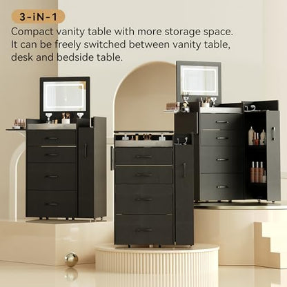 Herture 3 in 1 Vanity Desk with Flip Top Mirror, Comapct Vanity | Small Vanity with Lights,Outlets,Side Cabinet,Collapsible Desk Panel,Storage Hidden Stool,Makeup Vanity Table Black PT01DTB - color: Black