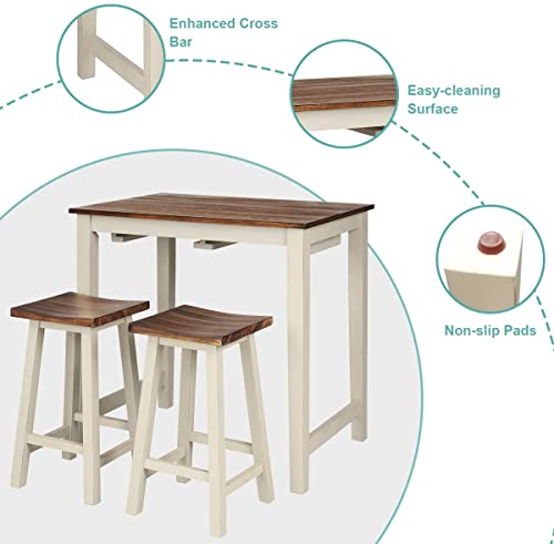 LUARANE 3 Pieces Bar Table Set, Modern Pub Dining Counter Height Table Set with 2 Saddle Bar Stools, Kitchen Counter Set for Living Room Dining Room, Brown & Milky White