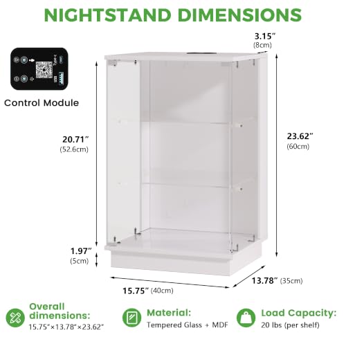 HNEBC LED Nightstand with USB-C Charging Station&Lights for Bedroom-White | Curio china Cabinet, Motion Sensor Smart Glass RGB Side Table with App Control, Charging Station Tempered Glass Collectiblem - color: 91174-white