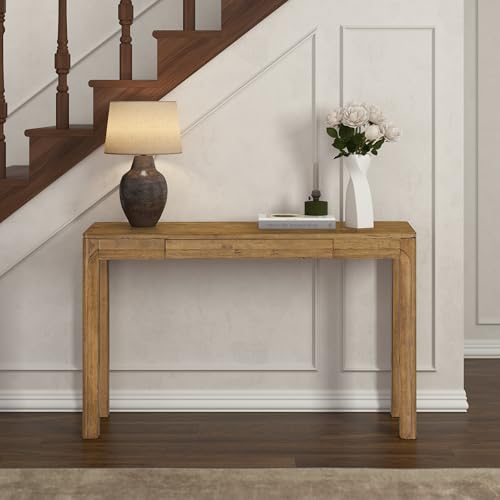 Flow 47-Inch Console Table, Modern Solid Wood Entryway Table with Hidden Drawer, Waterproof & Heat Resistant, Narrow Table for Hallway, Living Room & Foyer, Teak Look - color: Teak Look, size: 47 Inch, style: Console