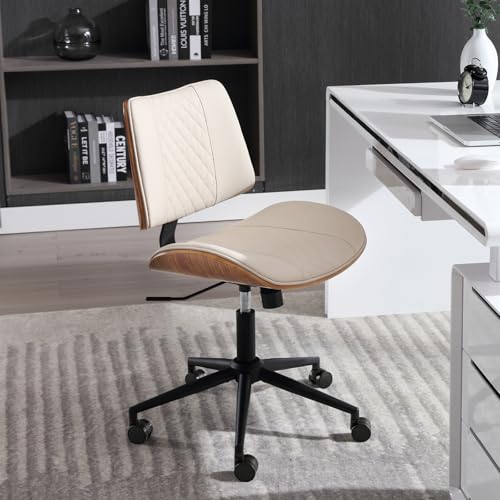 Home Office Chair No Arms with Wheels, Adjustable Height Small Desk Chair, PU Leather Mid Back 360 Swivel Computer Chair, Armless Modern Walnut Chair for Office, Reading Meeting Room(Beige) | Adjustable Height Small Desk Chair, PU Leather Mid Back 360 Swi