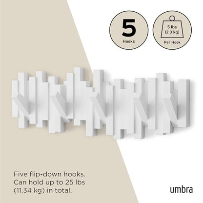 Umbra Sticks Wall Mount Coat Rack, 5 Hook Retractable Pegs, White | Mounting hardware included, sculptural modern design, entryway or bedroom use, recycled plastic - color: White, size: 5-Hook