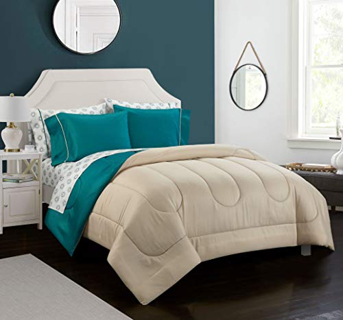 Idea Nuova Casa 7-Piece Solid Reversible Comforter Set with Bonus Sheets, Green, Queen, 86"x86" - color: Green, size: Queen
