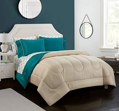 Idea Nuova Casa 7-Piece Solid Reversible Comforter Set with Bonus Sheets, Green, Queen, 86"x86" - color: Green, size: Queen