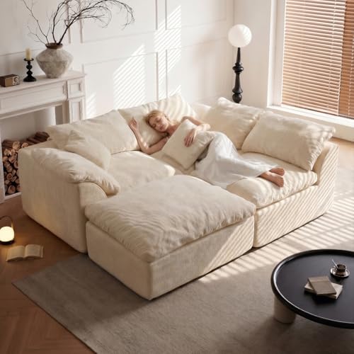 Cloud Couch Sectional for Living Room, Modular L Shaped Boneless Sofa with Chaise, Compressed No Assembly Couch, Deep Seat Chenille Upholstered Convertible Sofa Bed (White) - color: Warm White