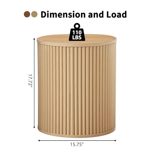 Round Fluted Side Table Set of 2, 15.7" Mid-Century Modern End Table with Storage, Wooden Bedside Table Round Nightstand Small Circle Sofa Accent Table for Living Room, Bedroom (Natural) - color: Natural, size: 15.7"D x 15.7"W x 17.7"H