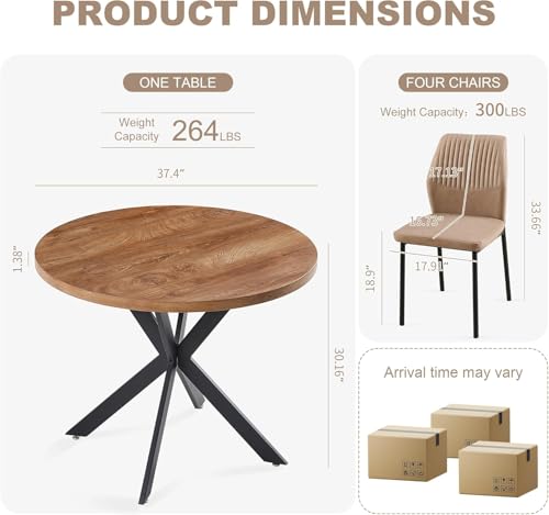 37" Round Dining Table Set for 4, Mid Century Modern Small Coffee Set for Dining Room Kitchen Apartment (Walnut Table + 4 PU Leather Beige Chairs) - color: Beige, size: 37" Brown Round Table+4 Chairs