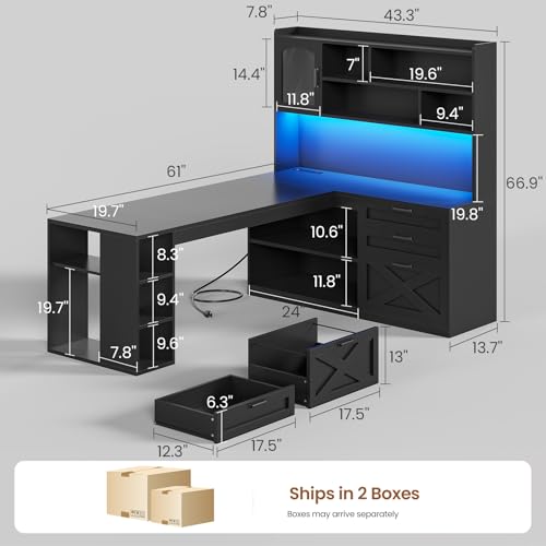 SEDETA 61" Farmhouse L Shaped Gaming Desk with Drawers, Bookshelf Storage | Computer Desk with Storage Shelves and Power Outlet, Corner Gaming Desk with LED Light and Display Cabinet for Home Office - color: Black, size: L Shaped Desk