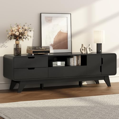 EAG Mid Century Modern TV Stand for 65 Inch TV, Entertainment Center with Storage Cabinet & 3 Drawers, Media and TV Console for Living Room, Bedroom, Black - color: Black, size: 62"