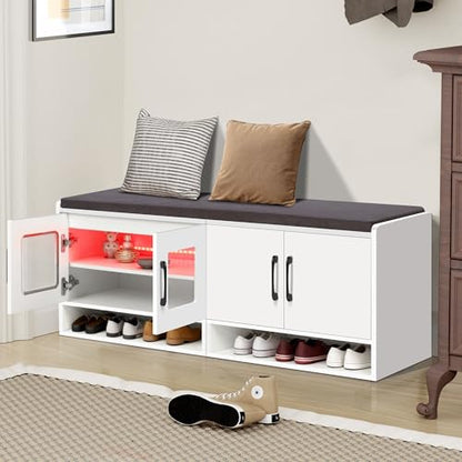Shoe Bench with Thickened Cushion,Entrance Bench with Glass Door and Ambient Light,Three-Layer Shoe Rack,Color Changing Light Strip, Two Large Storage Spaces,Living Room,Bedroom,White